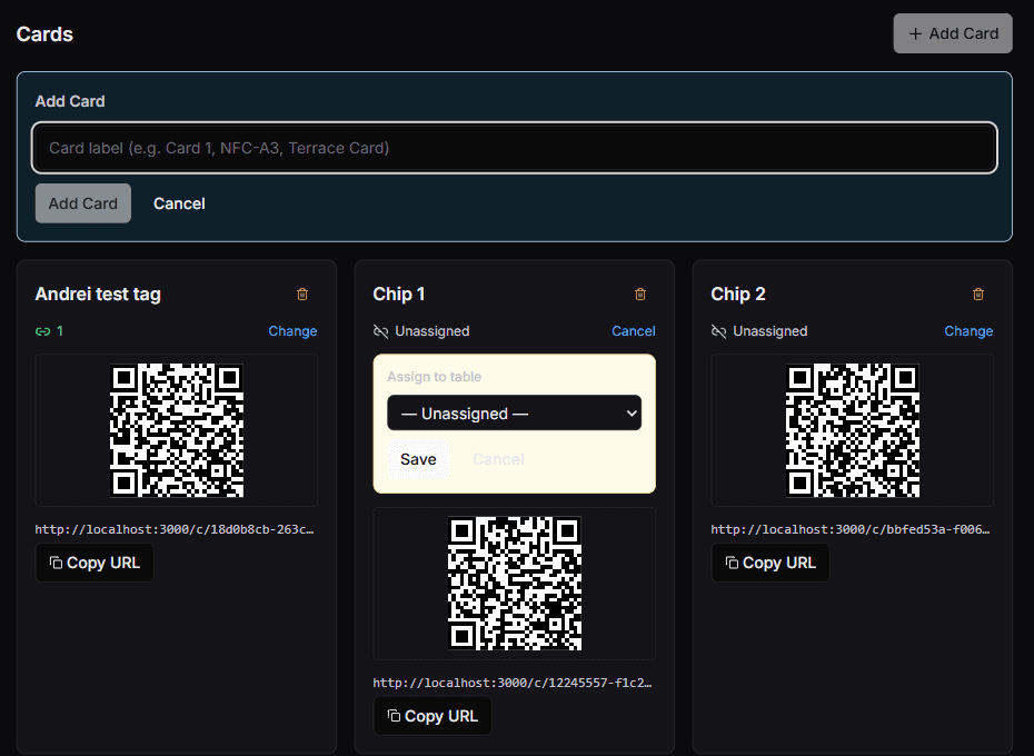 Card Management with the Add Card form open and an Assign to table panel on one card