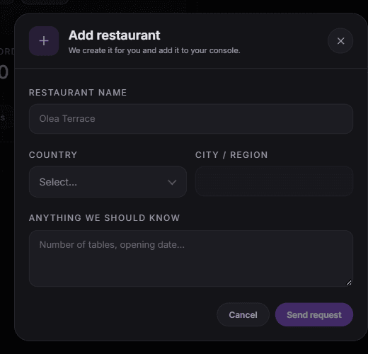 The Add restaurant request window with name, country, city and notes