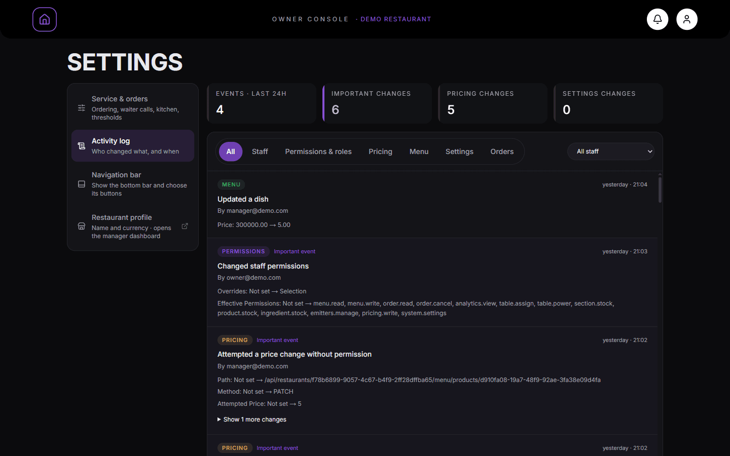 Settings → Activity log with counters, filters and a list of changes