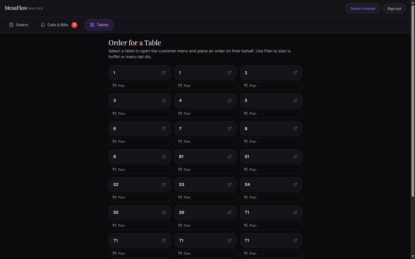 Order for a Table grid with a Plan button under each table